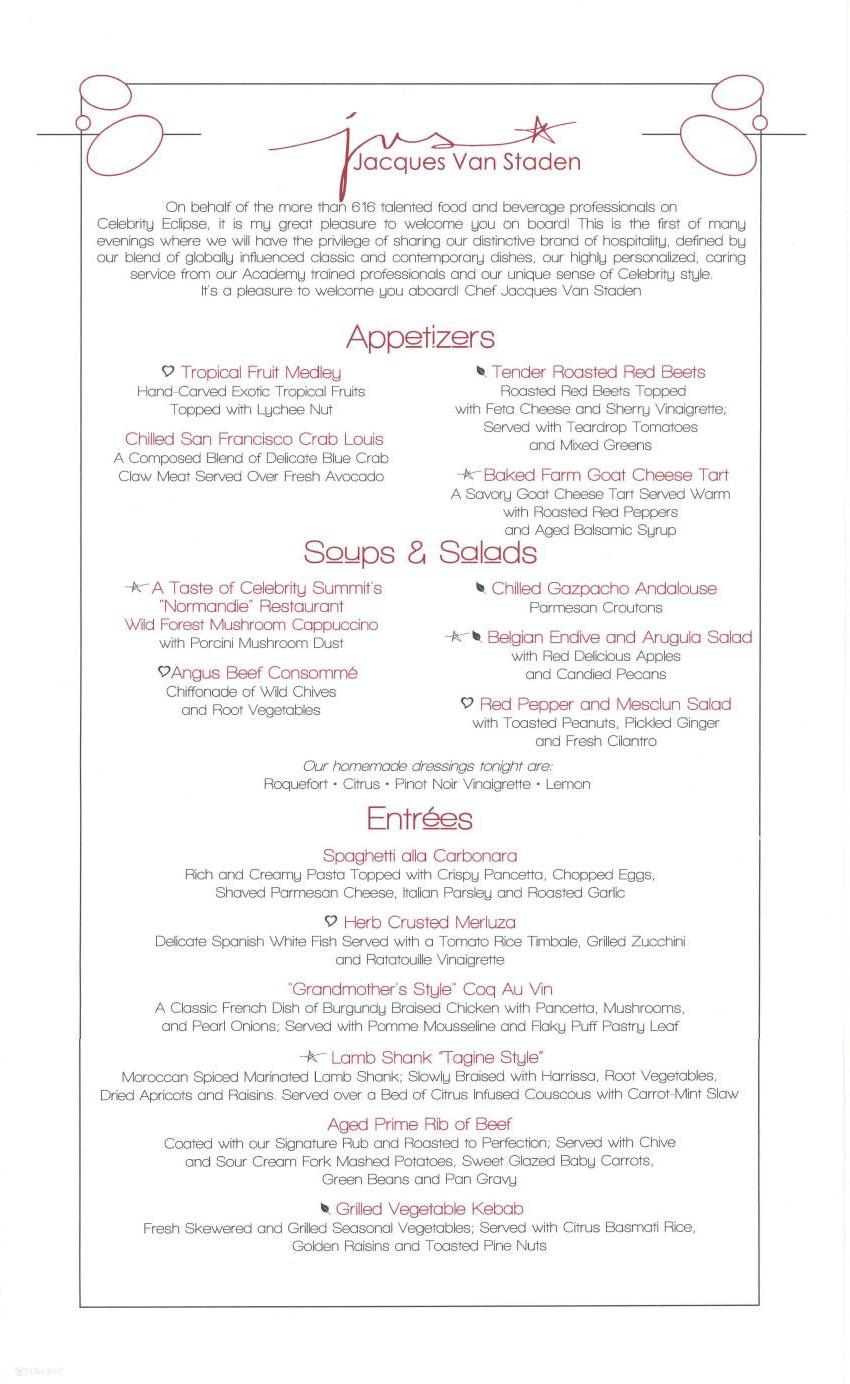 Celebrity Eclipse Menus Menus