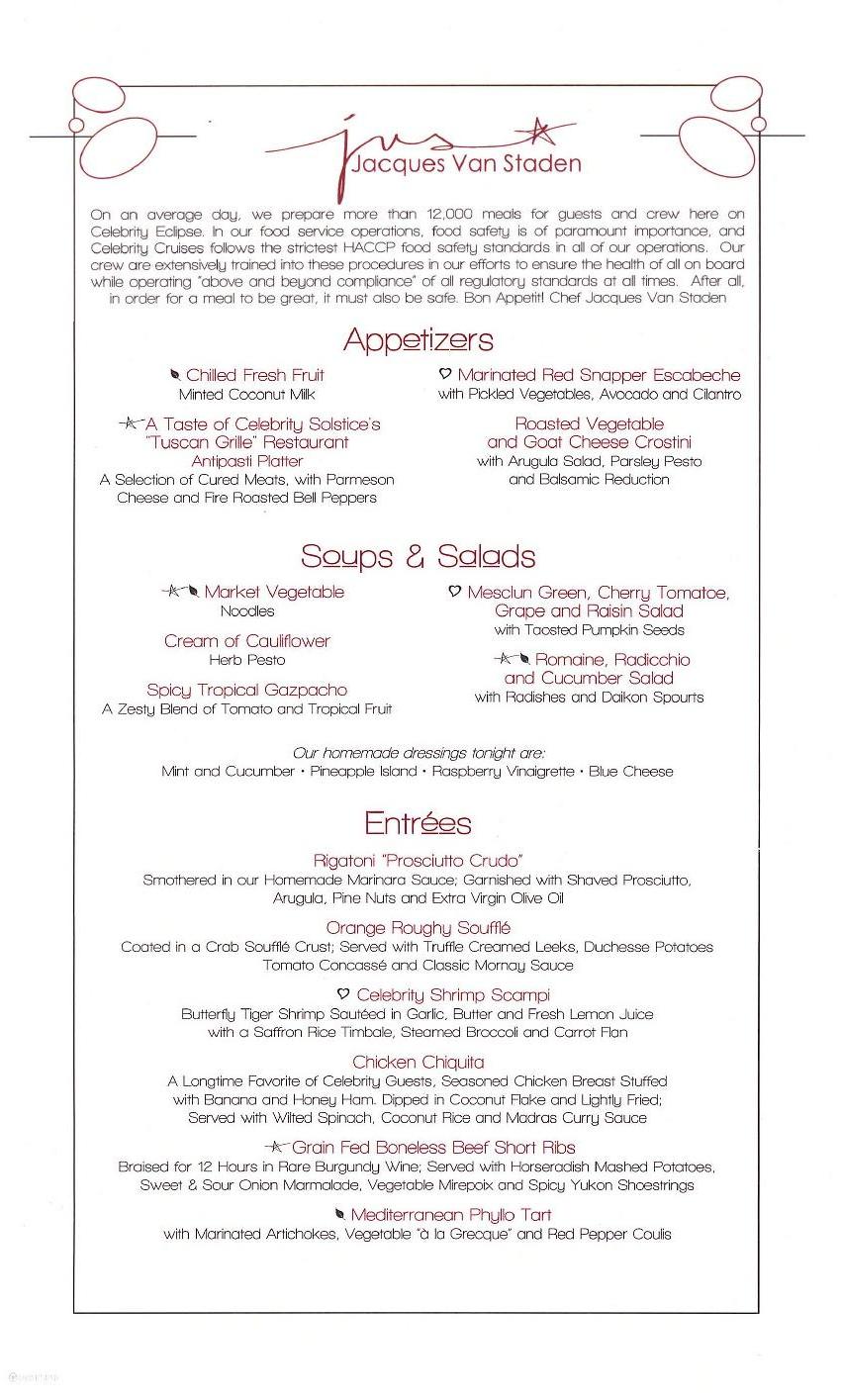 Celebrity Eclipse Menus Menus